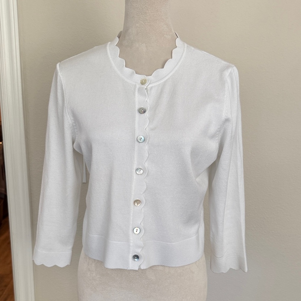 White Scalloped Edge 3/4 Sleeve Cropped Cardigan L - Picture 2 of 5